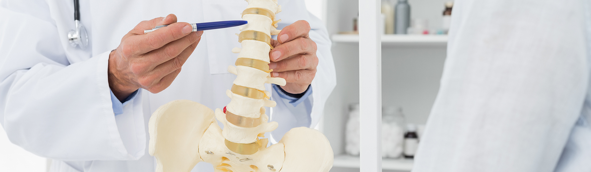 A chiropractor pointing to a vertebra on a spine model while explaining it to a patient.